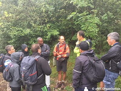 balade avec guide entre collègues dans la forêt