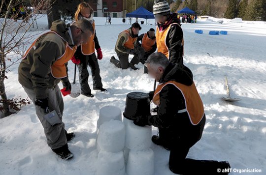 Collègues qui construisent une sculpture dans la neige