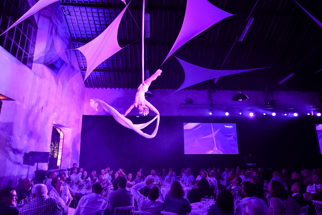 Spectacle de tissu aérien présenté pendant une soirée d'entreprise dans un espace de réception aménagé
